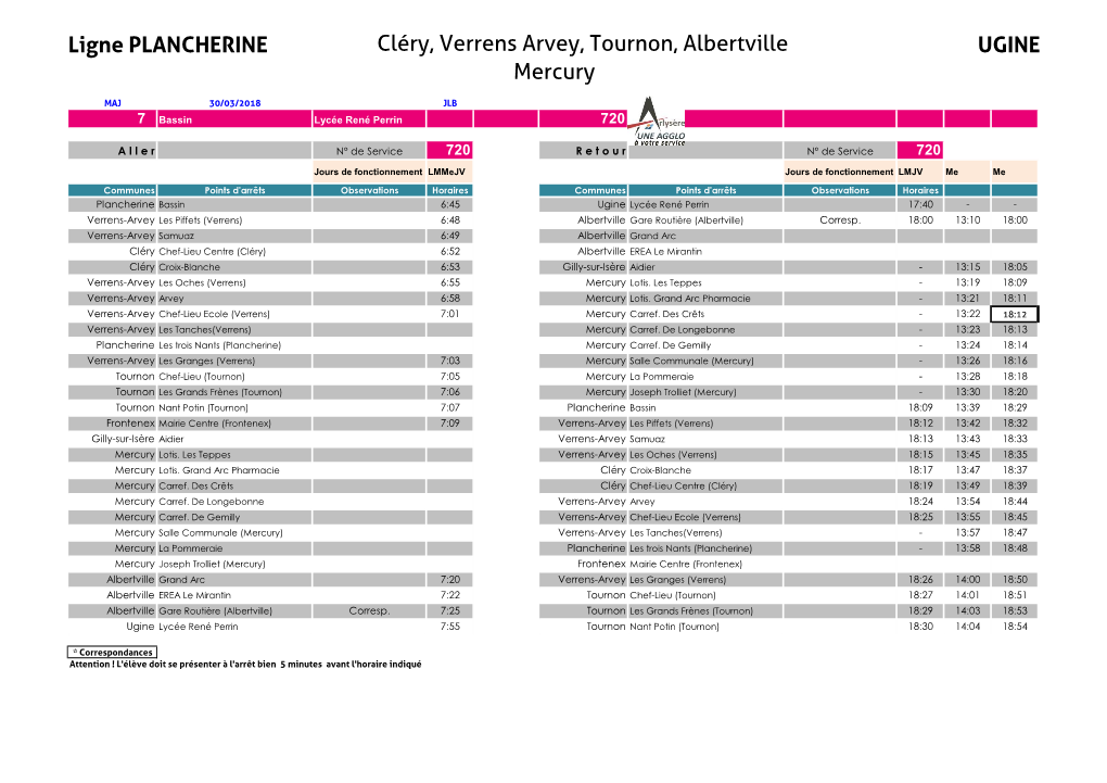 Ligne PLANCHERINE Cléry, Verrens Arvey, Tournon, Albertville Mercury