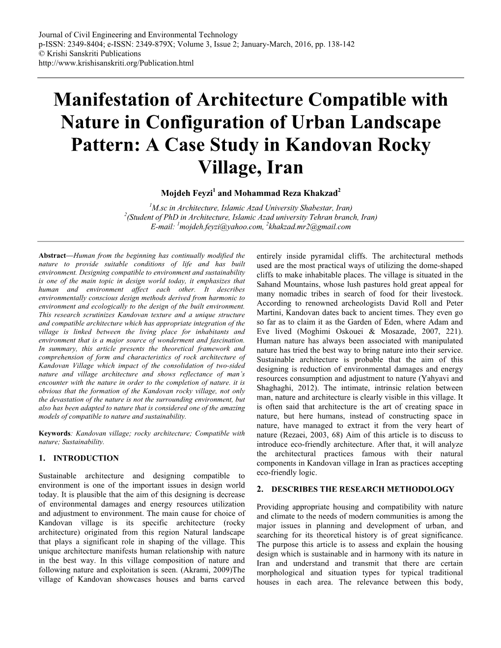 Manifestation of Architecture Compatible with Nature in Configuration of Urban Landscape Pattern: a Case Study in Kandovan Rocky Village, Iran