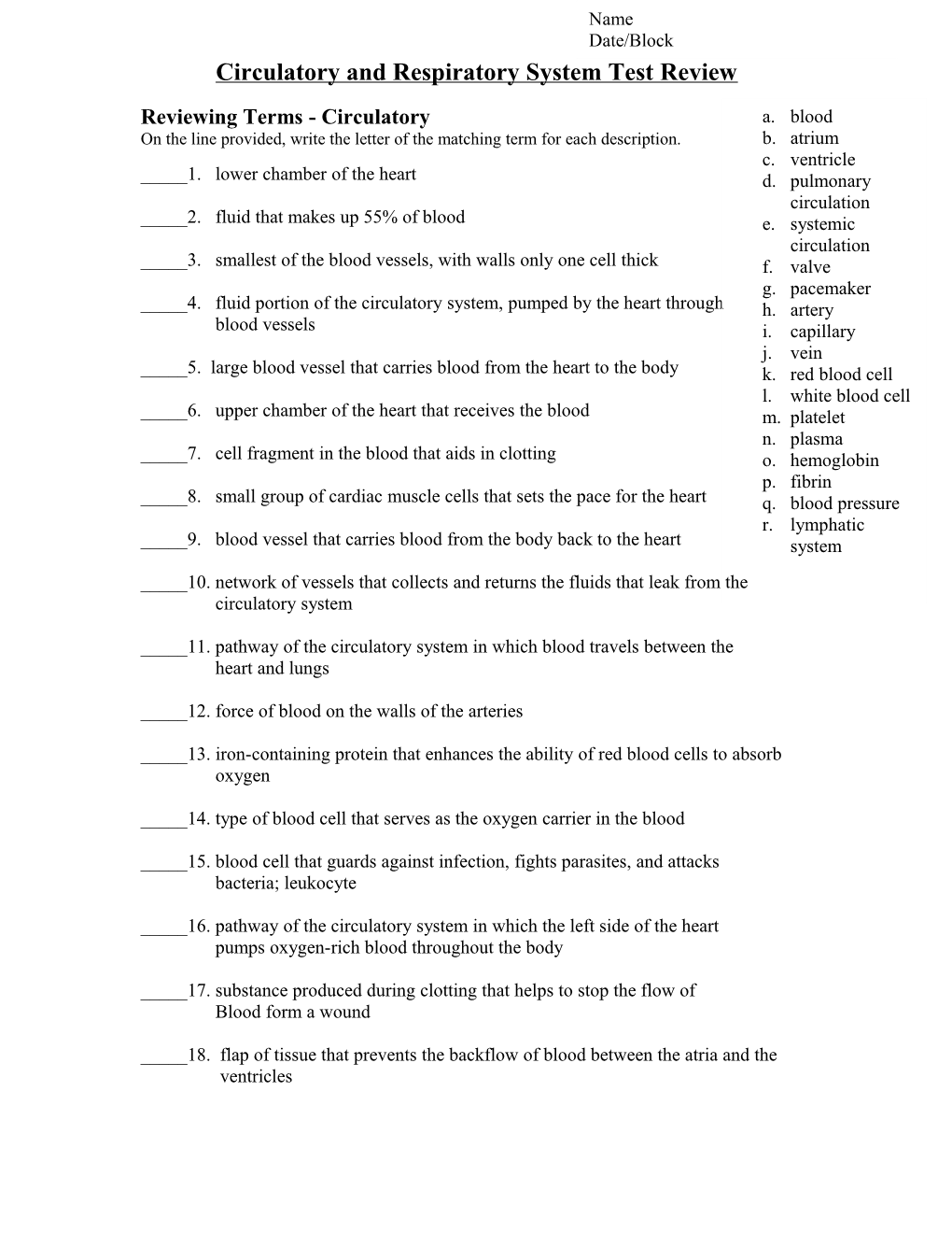 Circulatory and Respiratory System Test Review