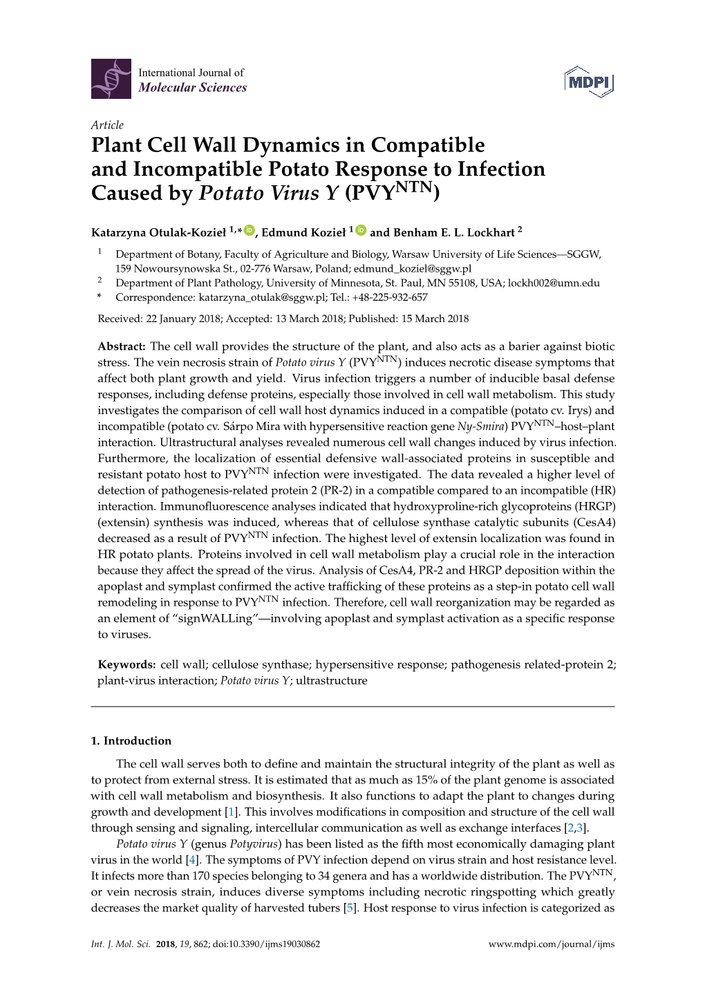 Plant Cell Wall Dynamics in Compatible and Incompatible Potato Response to Infection Caused by Potato Virus Y (PVYNTN)