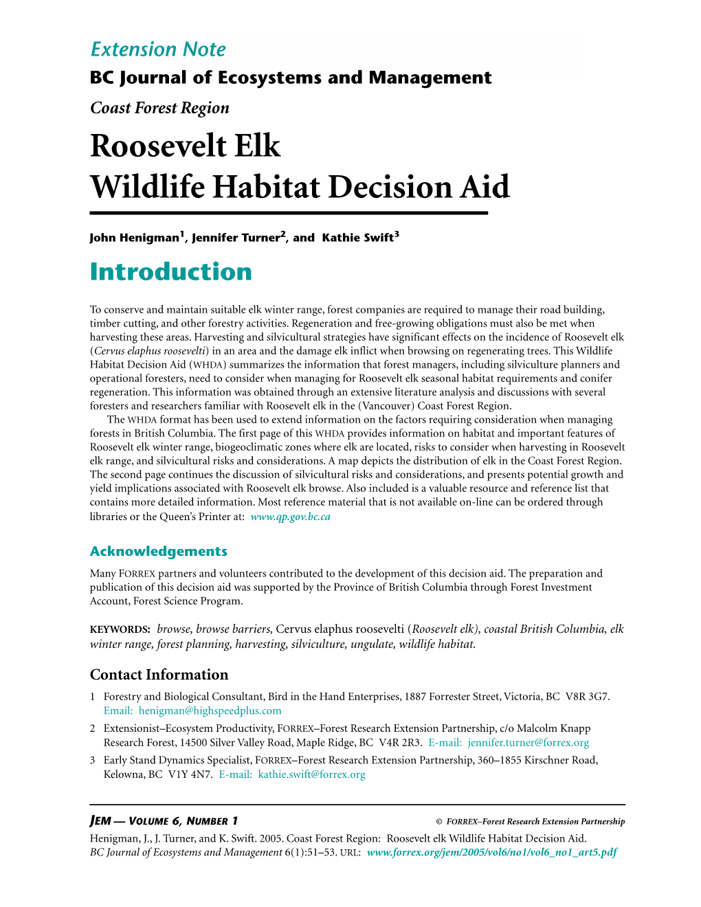 Roosevelt Elk Wildlife Habitat Decision Aid