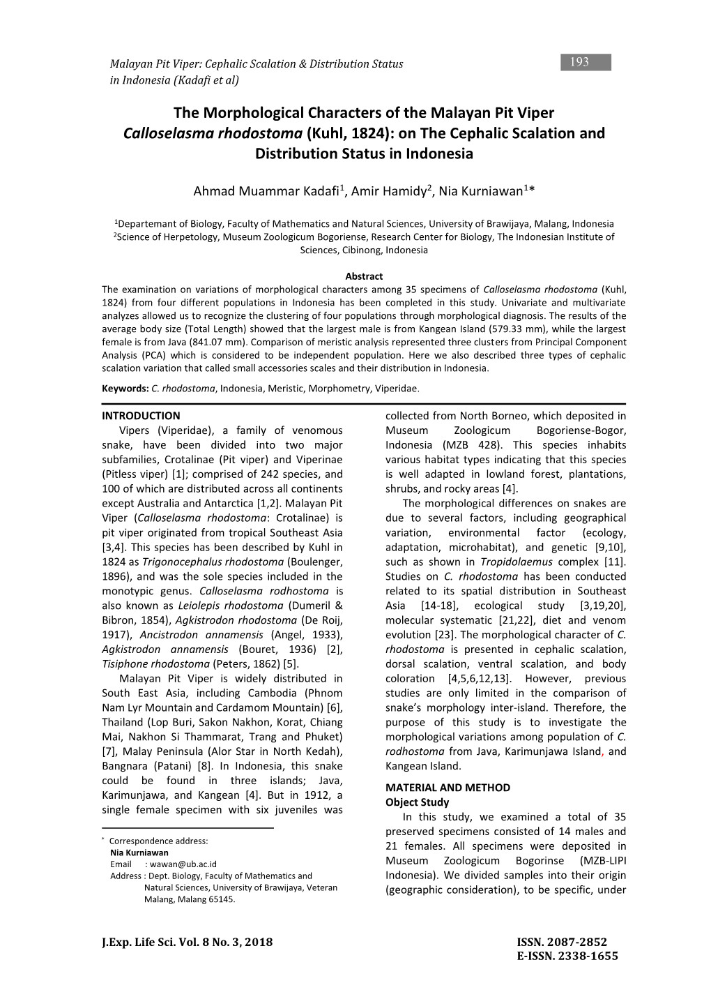 The Morphological Characters of the Malayan Pit Viper Calloselasma Rhodostoma (Kuhl, 1824): on the Cephalic Scalation and Distribution Status in Indonesia