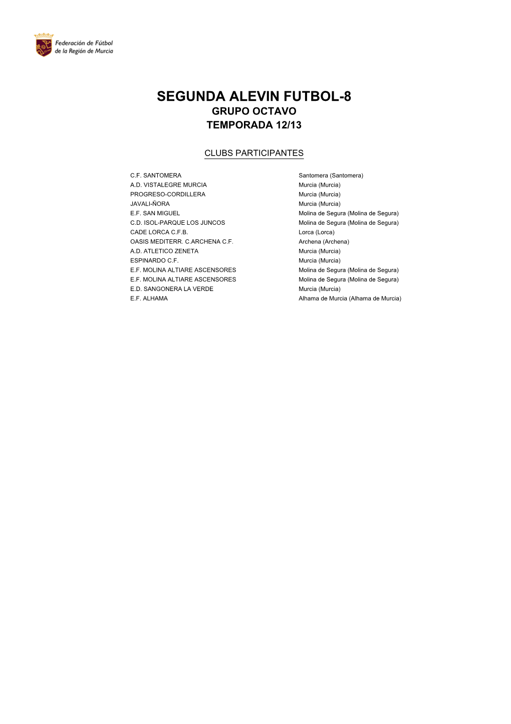 Segunda Alevin Futbol-8 Grupo Octavo Temporada 12/13