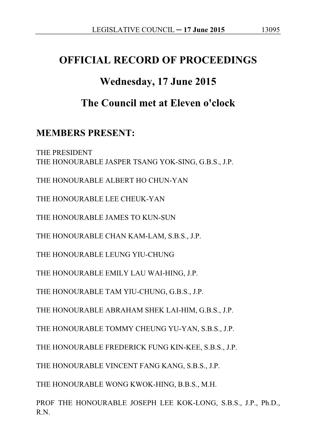 OFFICIAL RECORD of PROCEEDINGS Wednesday, 17