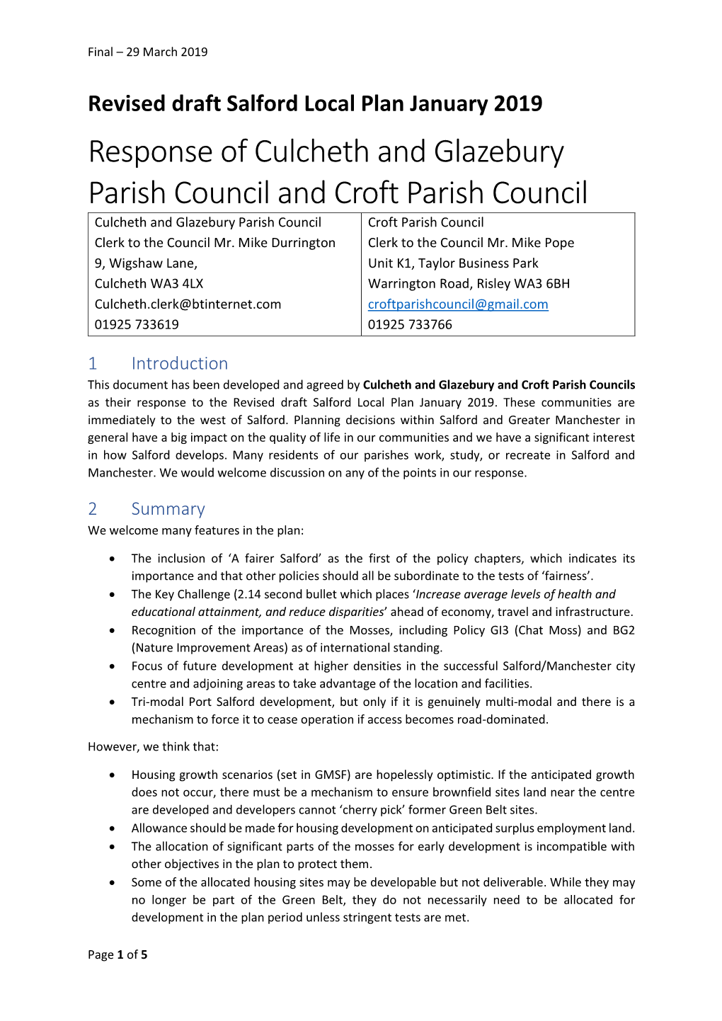 Response of Culcheth and Glazebury Parish Council and Croft Parish Council Culcheth and Glazebury Parish Council Croft Parish Council Clerk to the Council Mr