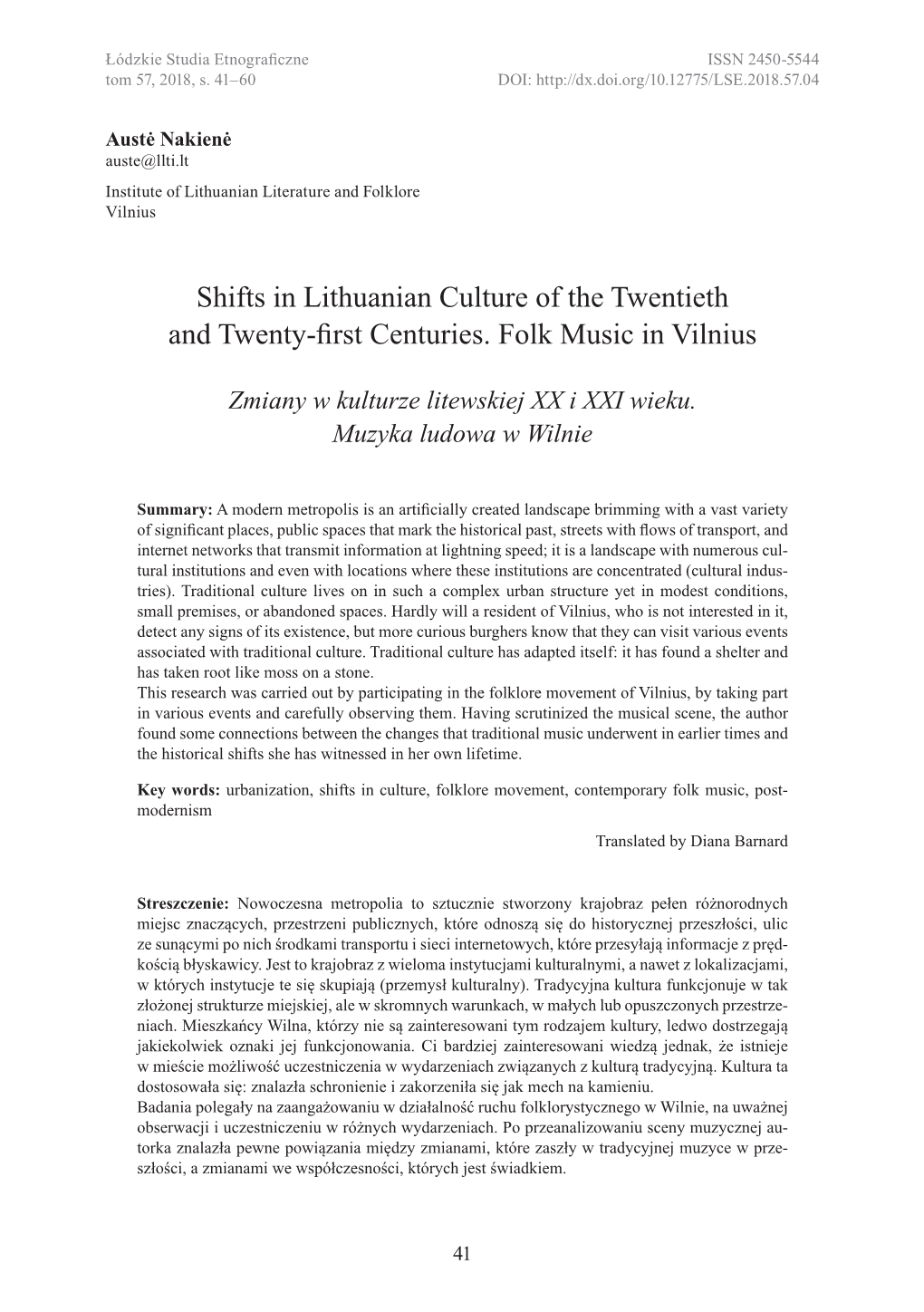 Shifts in Lithuanian Culture of the Twentieth and Twenty-First Centuries