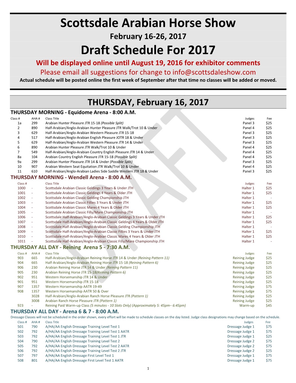 Scottsdale Arabian Horse Show Draft Schedule for 2017