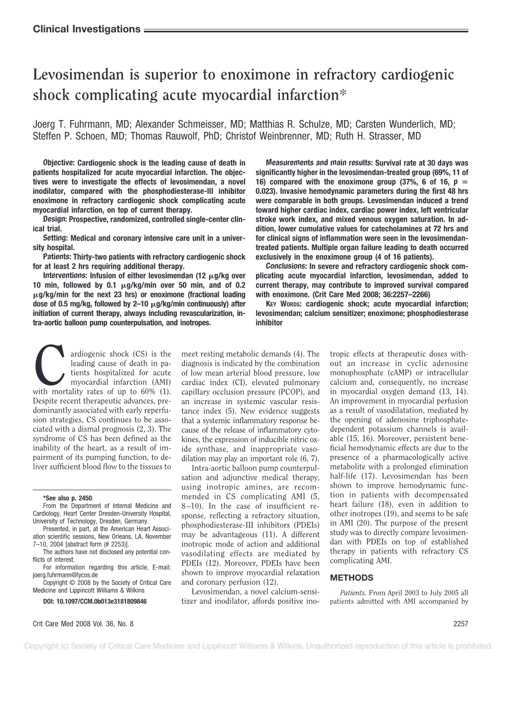 Levosimendan Is Superior to Enoximone in Refractory Cardiogenic Shock Complicating Acute Myocardial Infarction*