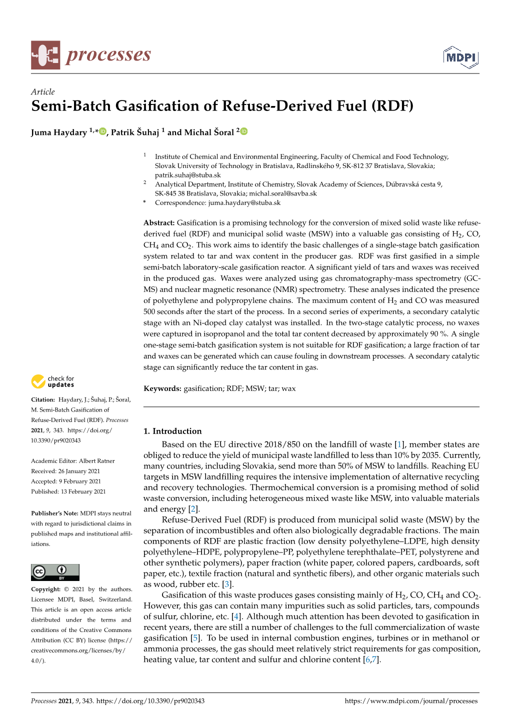 Semi-Batch Gasification of Refuse-Derived Fuel (RDF)