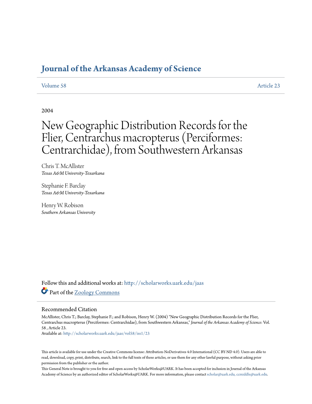 New Geographic Distribution Records for the Flier, Centrarchus Macropterus (Perciformes: Centrarchidae), from Southwestern Arkansas Chris T