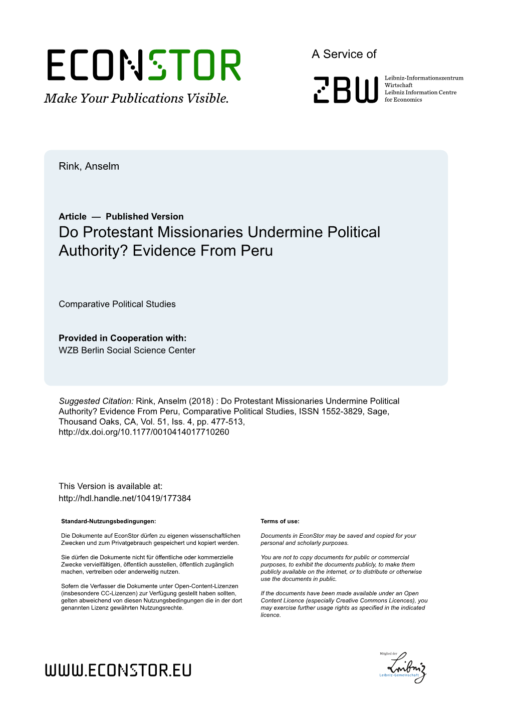 Do Protestant Missionaries Undermine Political Authority? Evidence from Peru