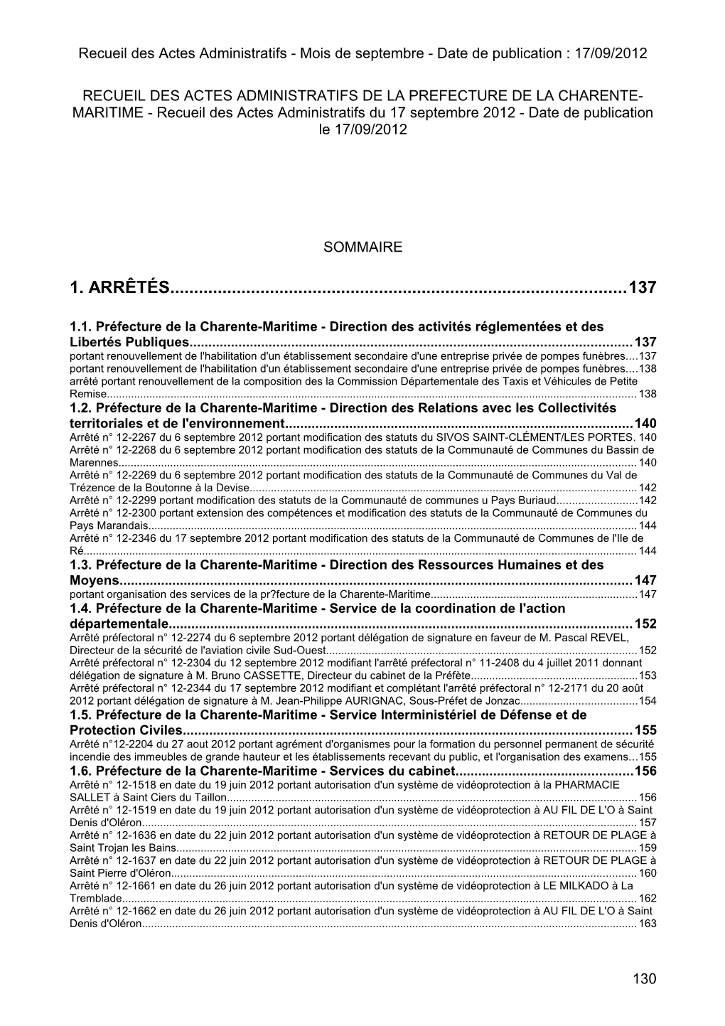 Recueil Des Actes Administratifs - Mois De Septembre - Date De Publication : 17/09/2012