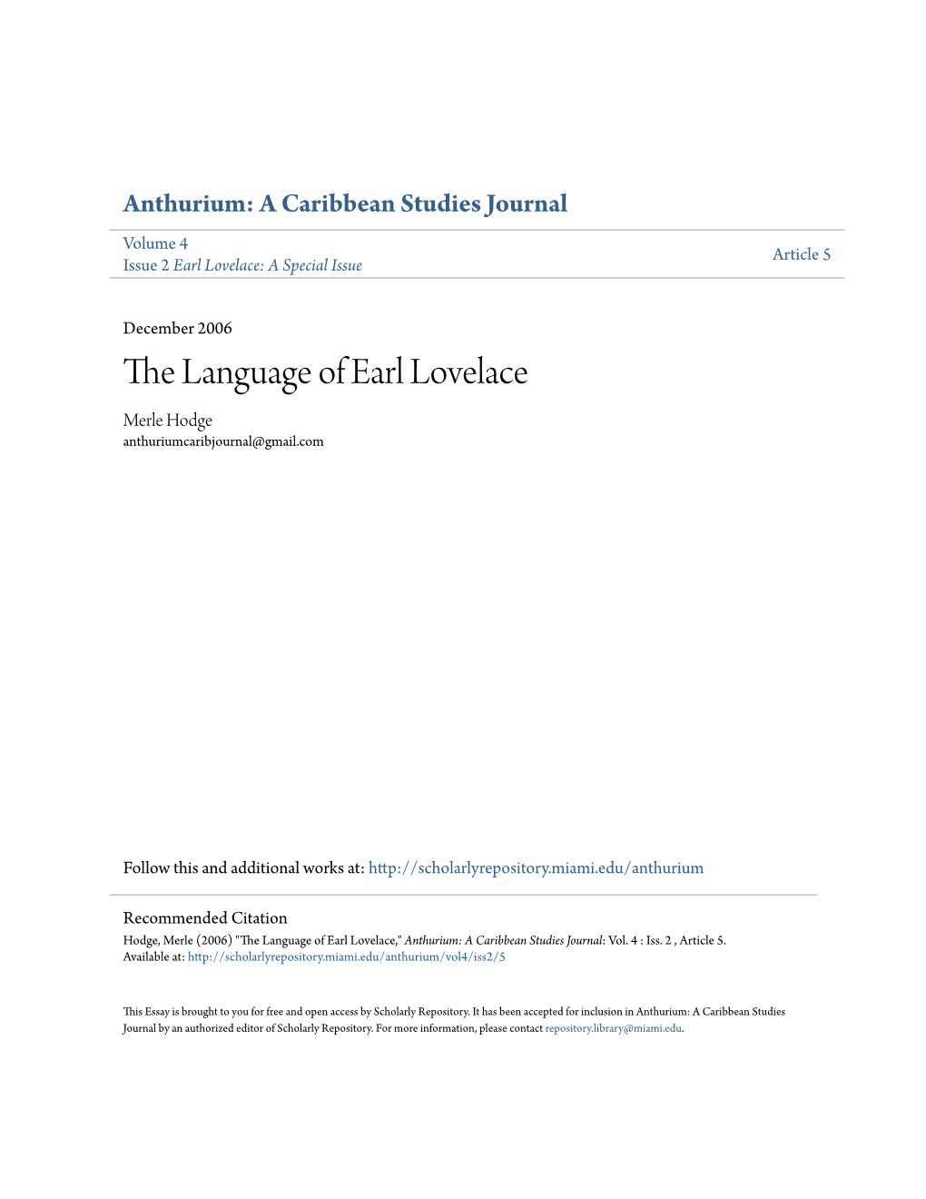 The Language of Earl Lovelace Merle Hodge Anthuriumcaribjournal@Gmail.Com