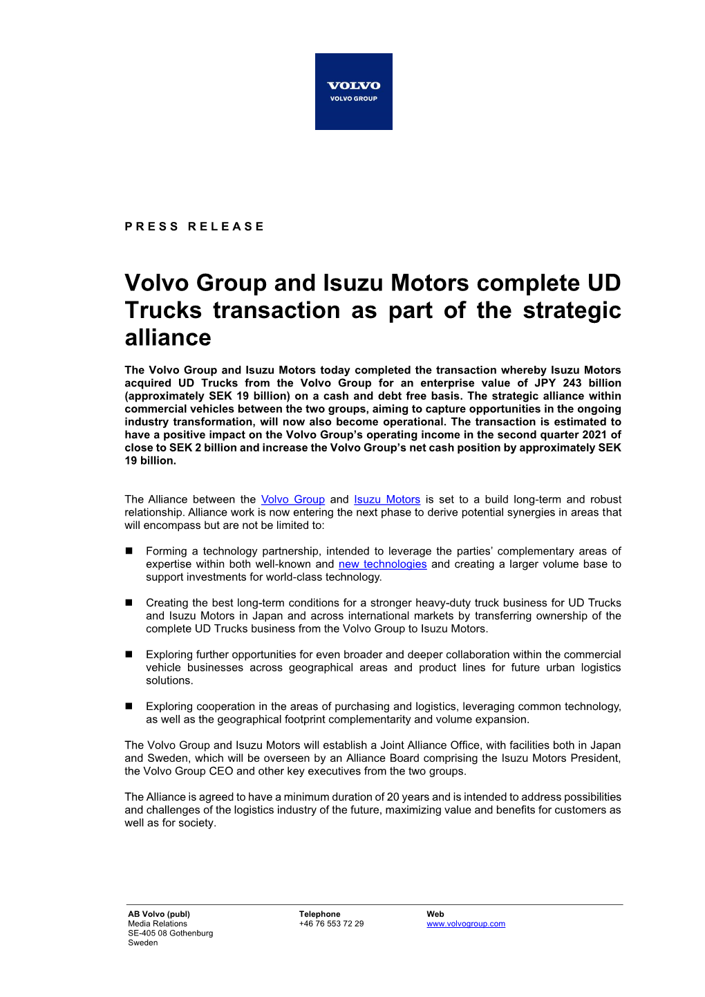 Volvo Group and Isuzu Motors Complete UD Trucks Transaction As Part of the Strategic Alliance