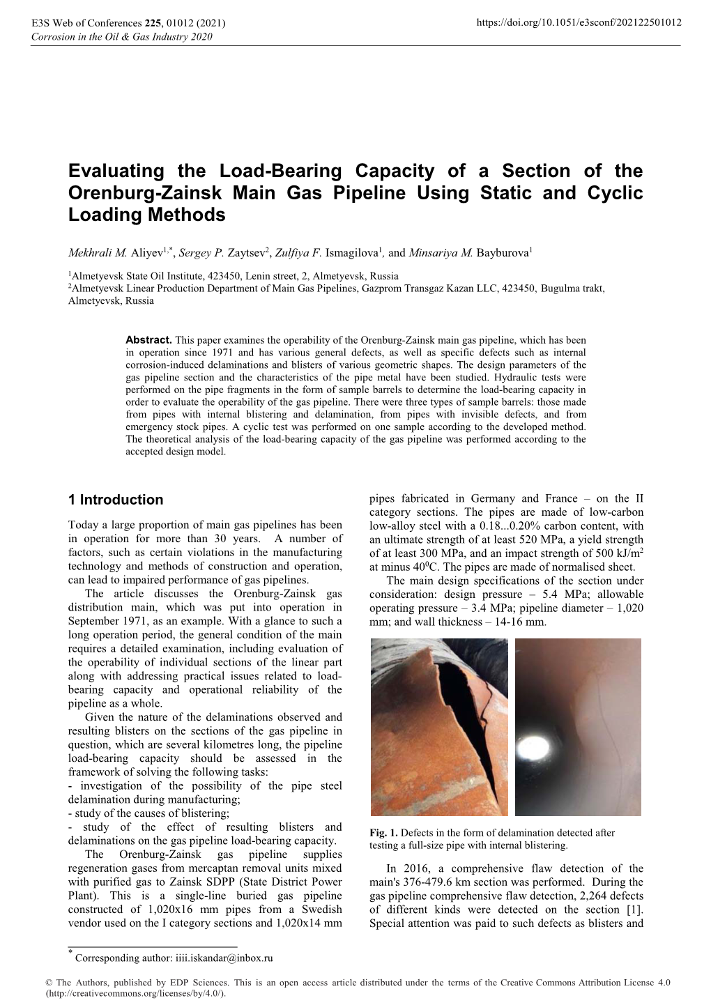 Evaluating the Load-Bearing Capacity of a Section of the Orenburg-Zainsk Main Gas Pipeline Using Static and Cyclic Loading Methods