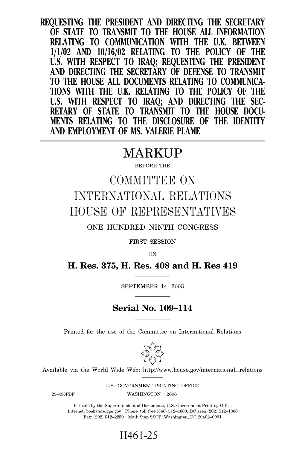 Markup Before the Committee on International Relations House of Representatives One Hundred Ninth Congress