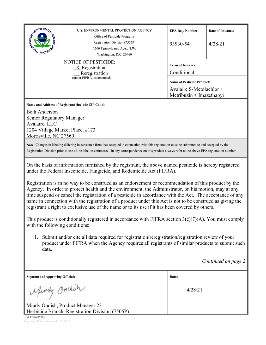 US EPA, Pesticide Product Label, Avalaire S-Metolachlor + Metribuzin