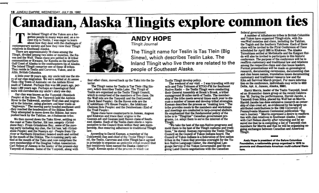 Canadian, A1ask~ Tlingits Explore Common Ties • Federal Government