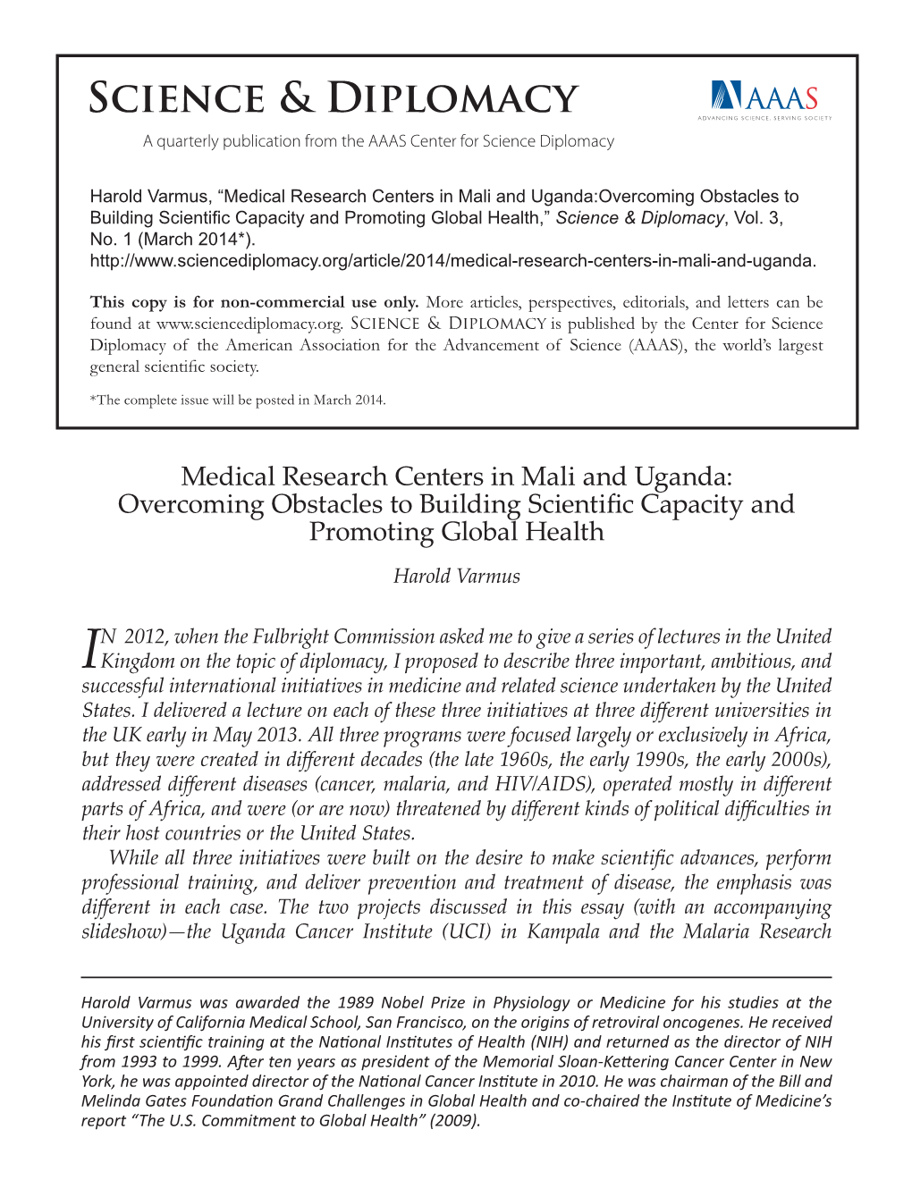 Medical Research Centers in Mali and Uganda:Overcoming Obstacles to Building Scientific Capacity and Promoting Global Health,” Science & Diplomacy, Vol