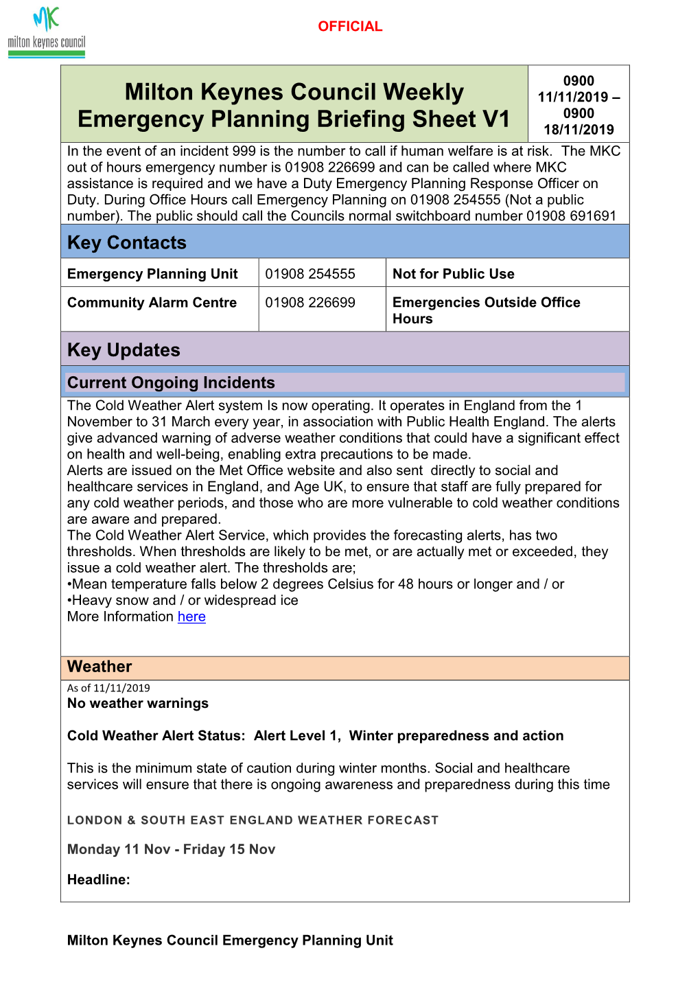 Milton Keynes Council Weekly Emergency Planning Briefing Sheet V1