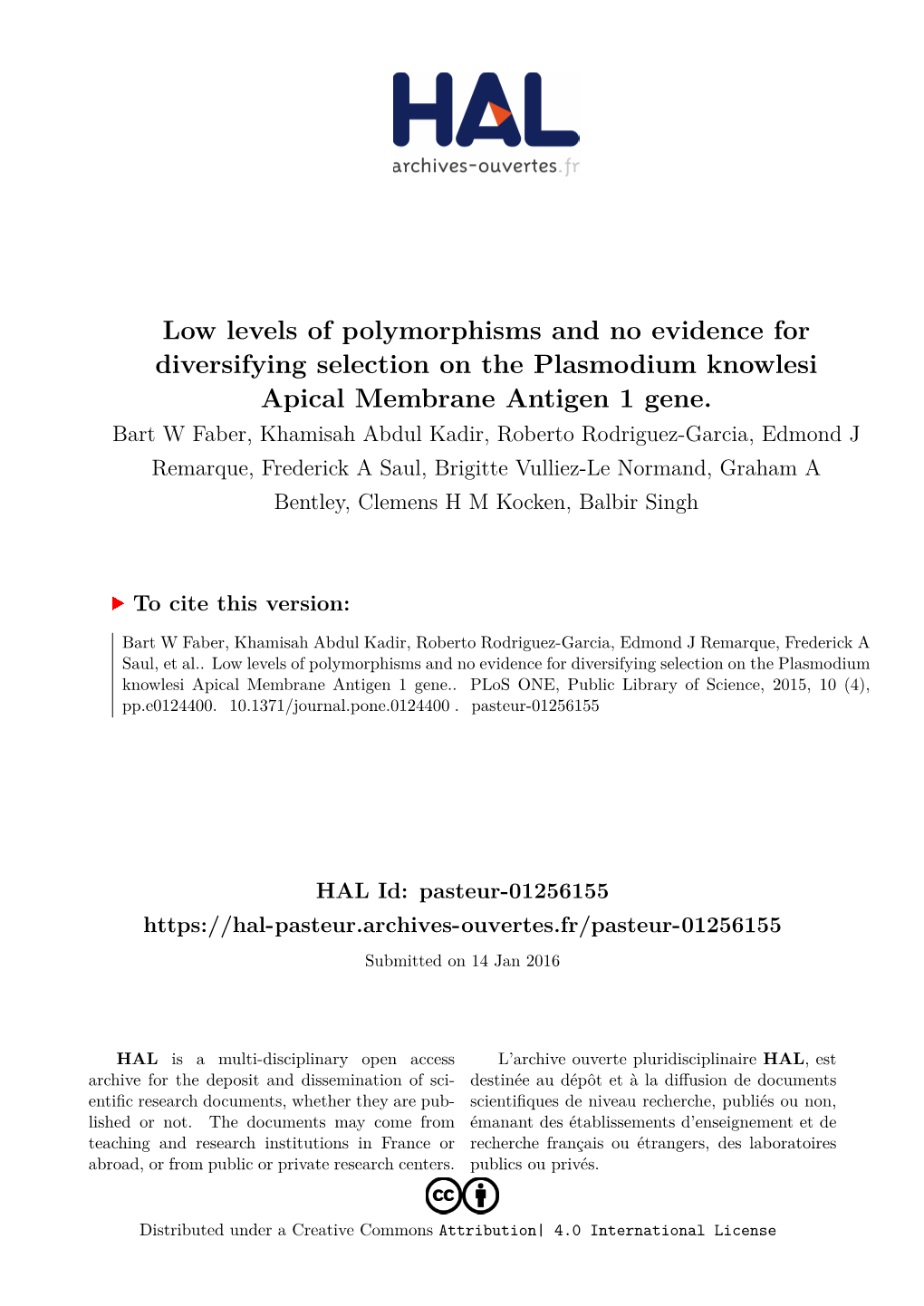 Plasmodium Knowlesi Apical Membrane Antigen 1 Gene