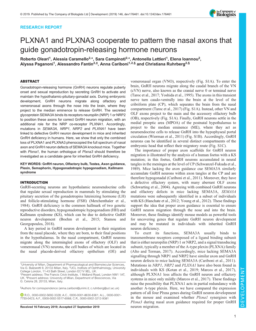 PLXNA1 and PLXNA3 Cooperate to Pattern the Nasal Axons That Guide Gonadotropin-Releasing Hormone Neurons