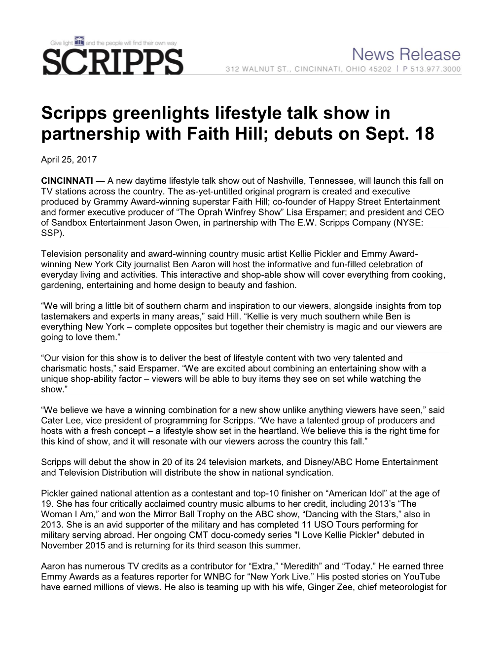 Scripps Greenlights Lifestyle Talk Show in Partnership with Faith Hill; Debuts on Sept