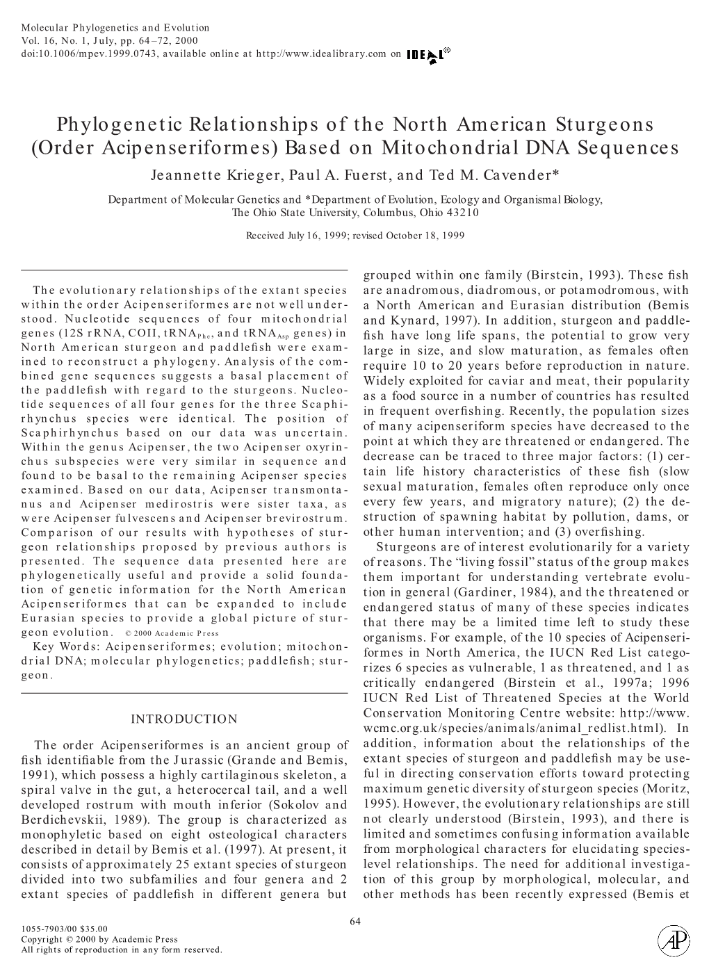 Based on Mitochondrial DNA Sequences Jeannette Krieger, Paul A