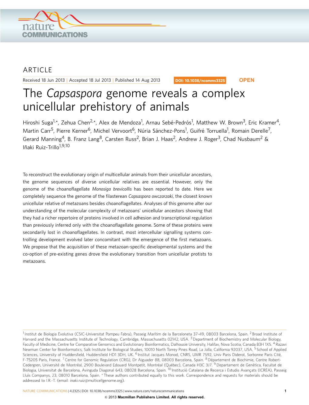 The Capsaspora Genome Reveals a Complex Unicellular Prehistory of Animals