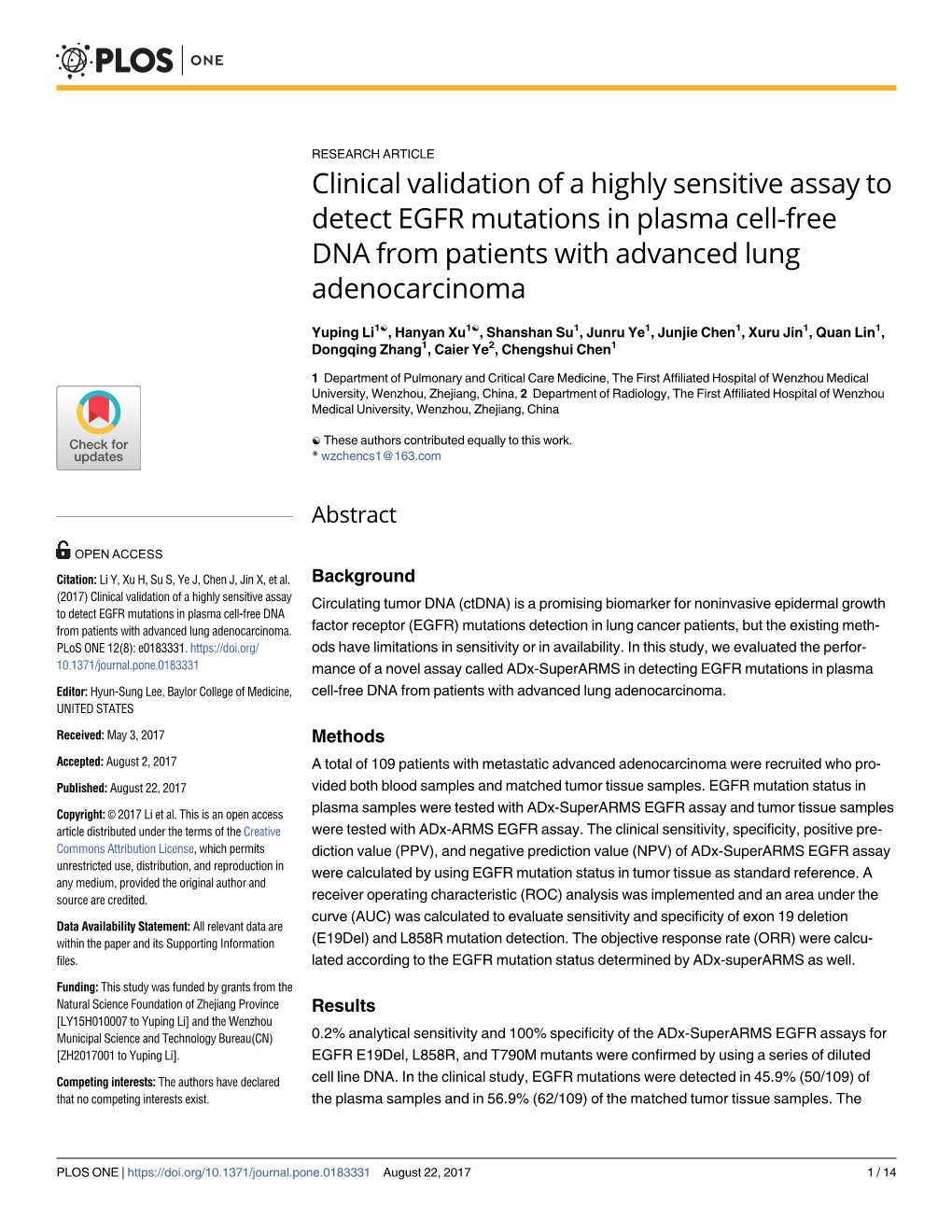 Clinical Validation of a Highly Sensitive Assay to Detect EGFR Mutations in Plasma Cell-Free DNA from Patients with Advanced Lung Adenocarcinoma