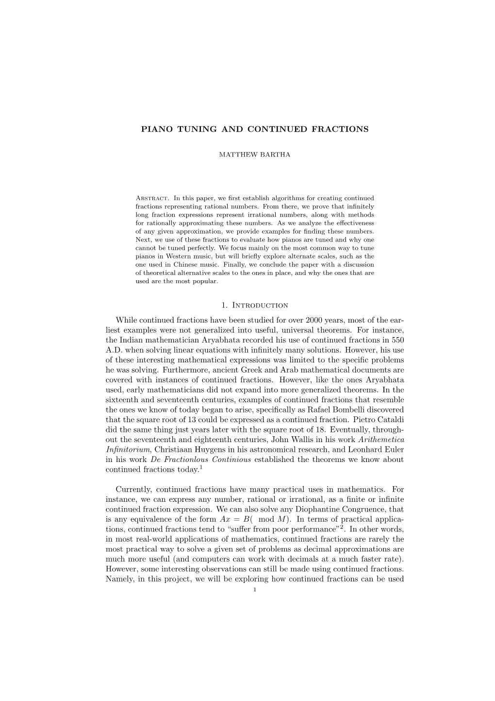 PIANO TUNING and CONTINUED FRACTIONS 1. Introduction While