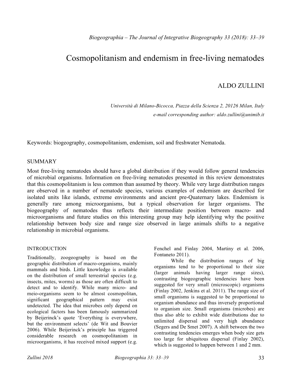 Cosmopolitanism and Endemism in Free-Living Nematodes