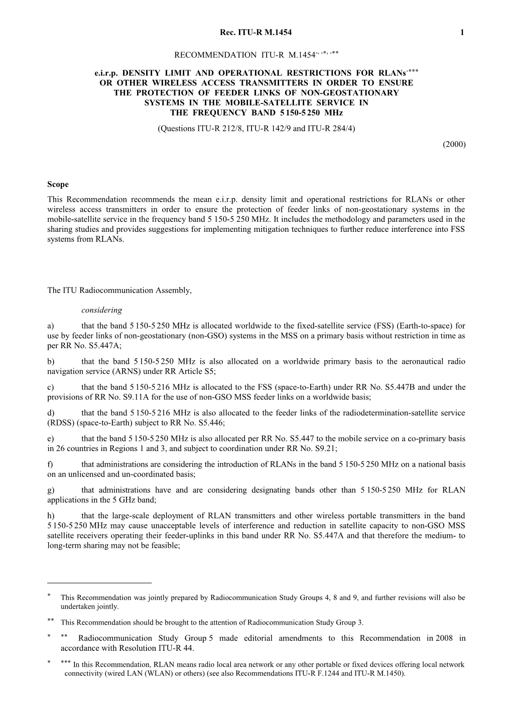 M.1454 - E.I.R.P. Density Limit and Operational Restrictions for Rlans Or Other Wireless