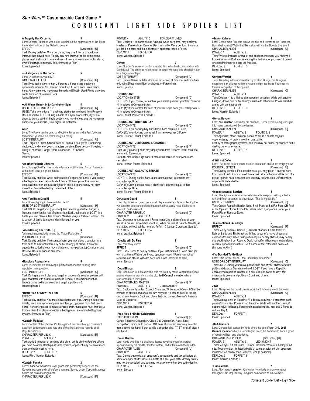 Coruscant Light Side Spoiler List