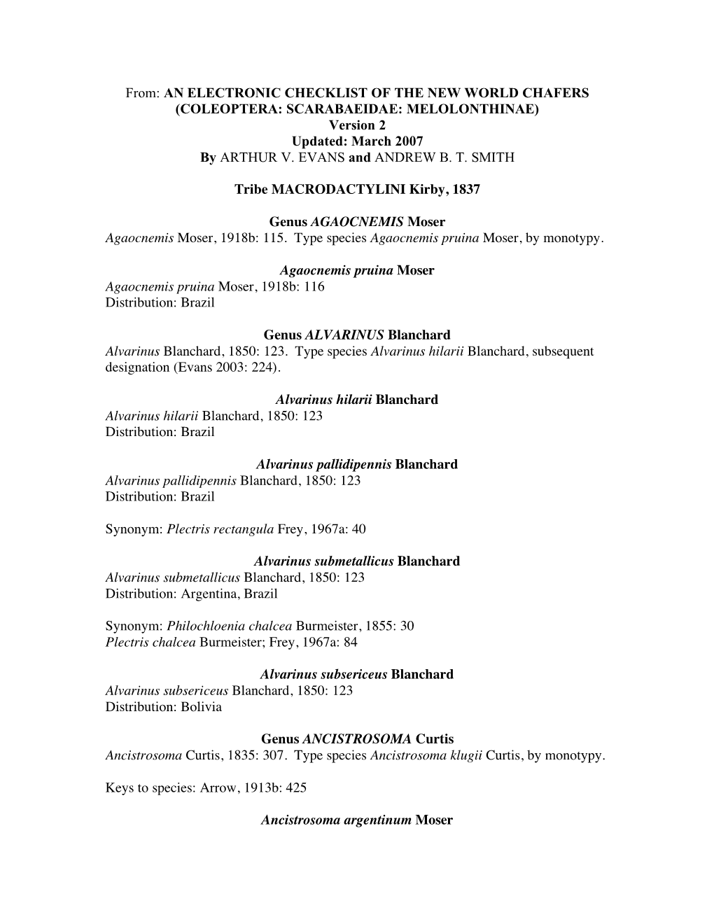 COLEOPTERA: SCARABAEIDAE: MELOLONTHINAE) Version 2 Updated: March 2007 by ARTHUR V