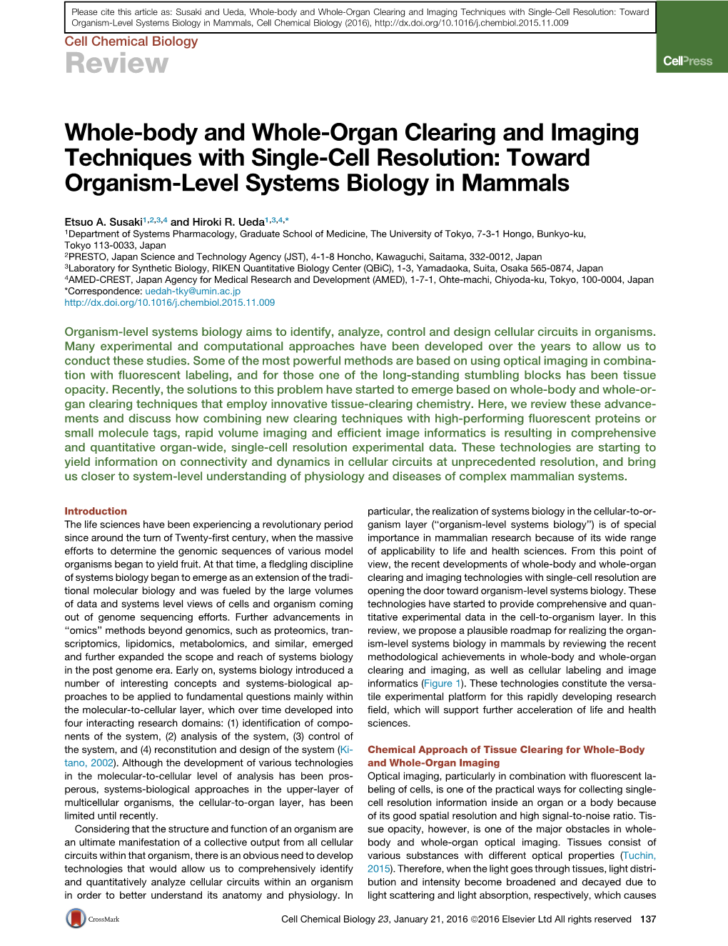 Whole-Body and Whole-Organ Clearing and Imaging Techniques