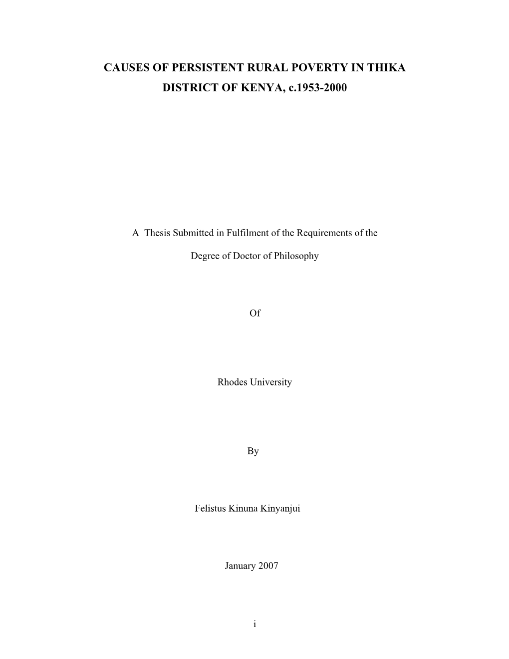 CAUSES of PERSISTENT RURAL POVERTY in THIKA DISTRICT of KENYA, C.1953-2000