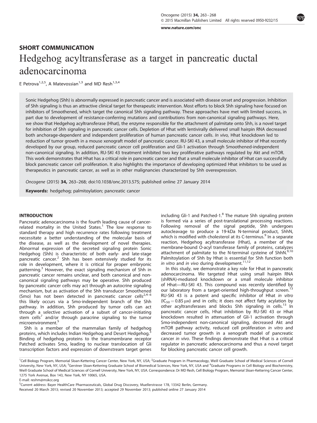 Hedgehog Acyltransferase As a Target in Pancreatic Ductal Adenocarcinoma