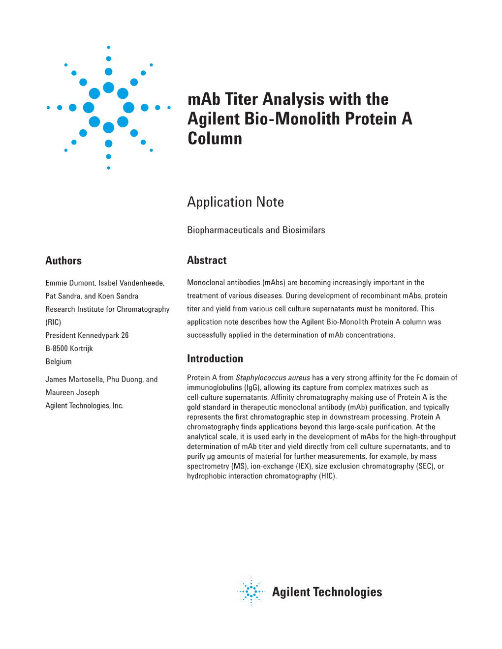 Mab Titer Analysis with the Agilent Bio-Monolith Protein a Column