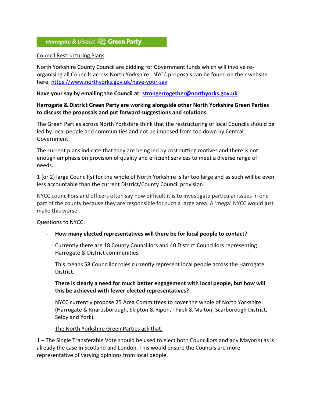 Council Restructuring Plans North Yorkshire County Council Are Bidding for Government Funds Which Will Involve Re- Organising All Councils Across North Yorkshire