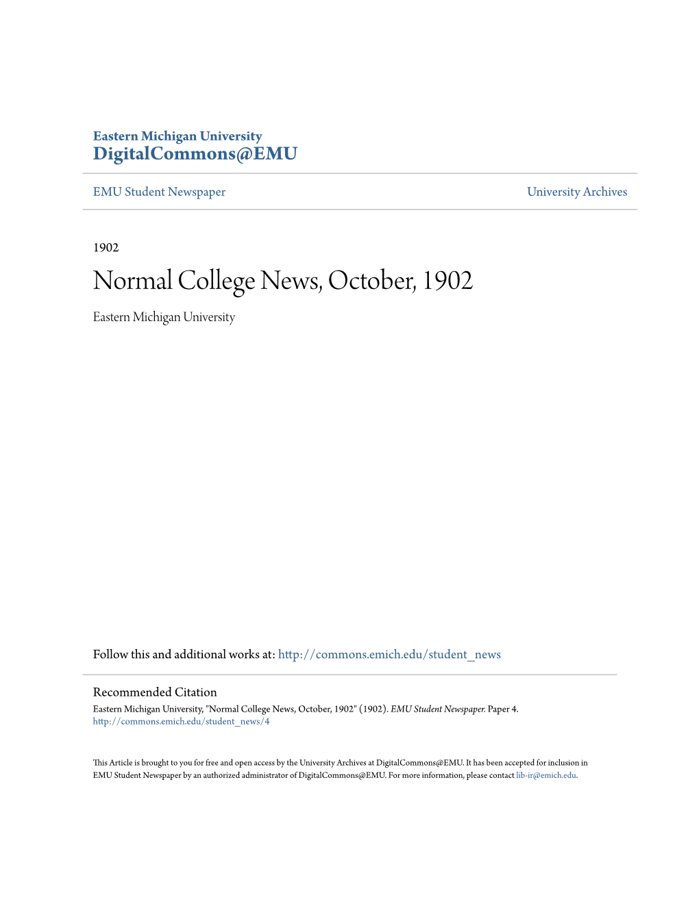 Normal College News, October, 1902 Eastern Michigan University