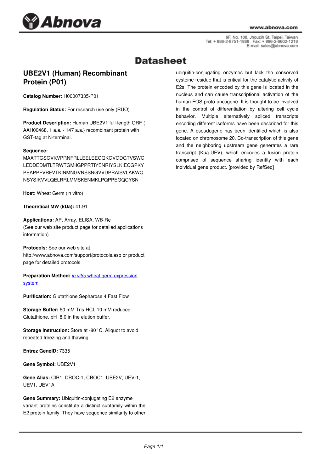 UBE2V1 (Human) Recombinant Protein (P01)