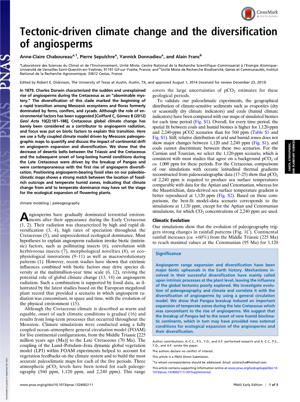 Tectonic-Driven Climate Change and the Diversification of Angiosperms