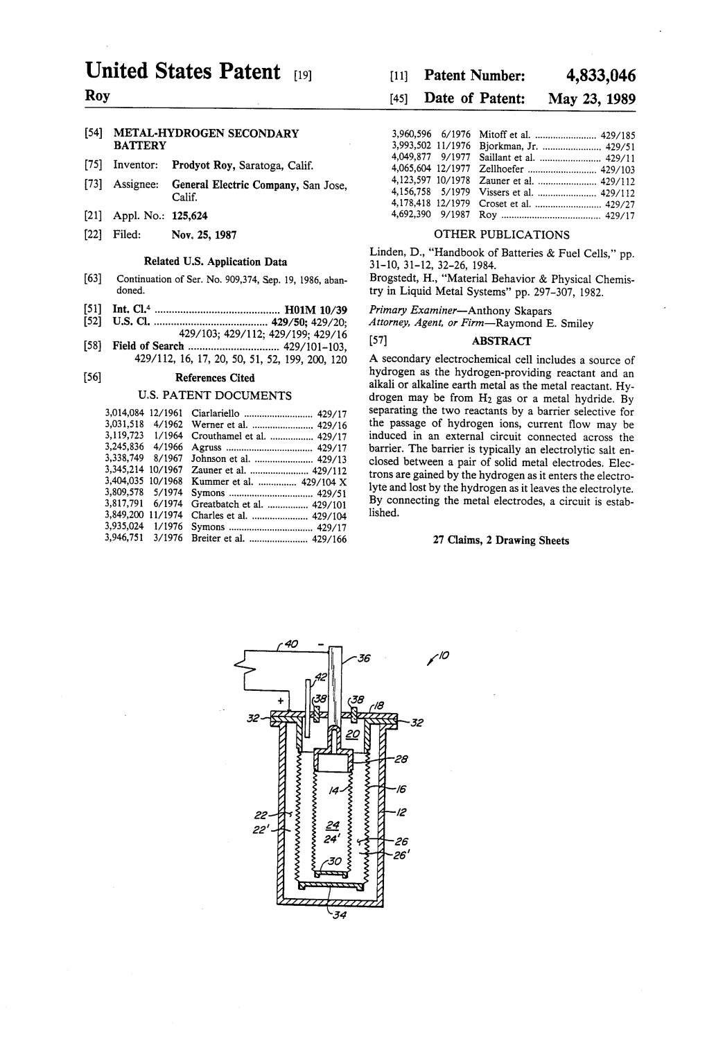 United States Patent (19) 11 Patent Number: 4,833,046 Roy (45) Date of Patent: May 23, 1989
