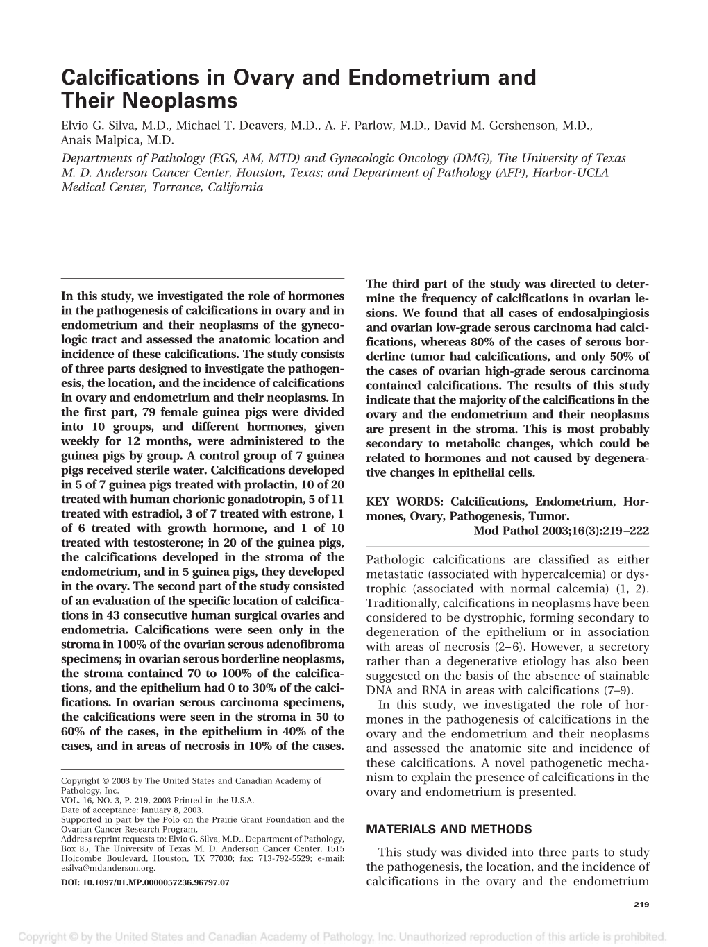 Calcifications in Ovary and Endometrium and Their Neoplasms Elvio G