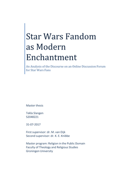 Star Wars Fandom As Modern Enchantment an Analysis of the Discourse on an Online Discussion Forum for Star Wars Fans