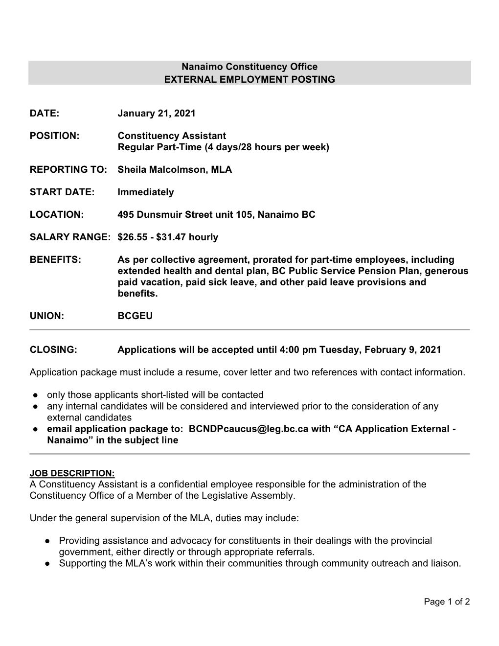 Nanaimo Constituency Office EXTERNAL EMPLOYMENT POSTING