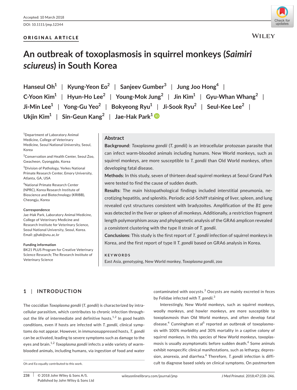 An Outbreak of Toxoplasmosis in Squirrel Monkeys (Saimiri Sciureus) in South Korea