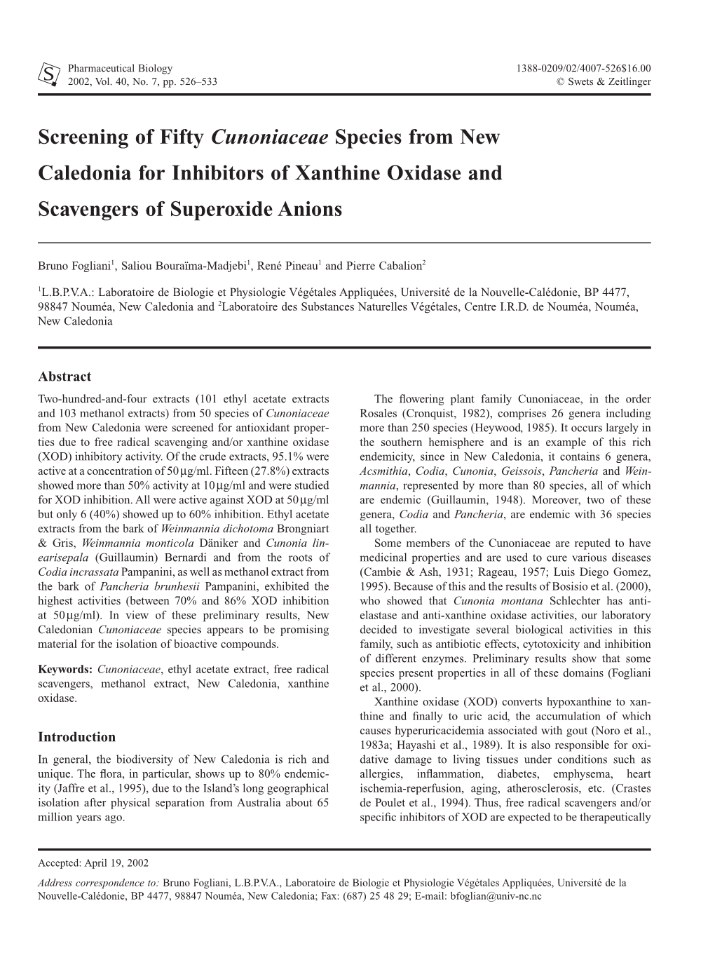 Screening of Fifty Cunoniaceae Species from New Caledonia for Inhibitors of Xanthine Oxidase and Scavengers of Superoxide Anions