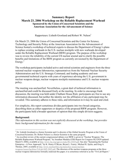 Summary Report March 23, 2006 Workshop on the Reliable